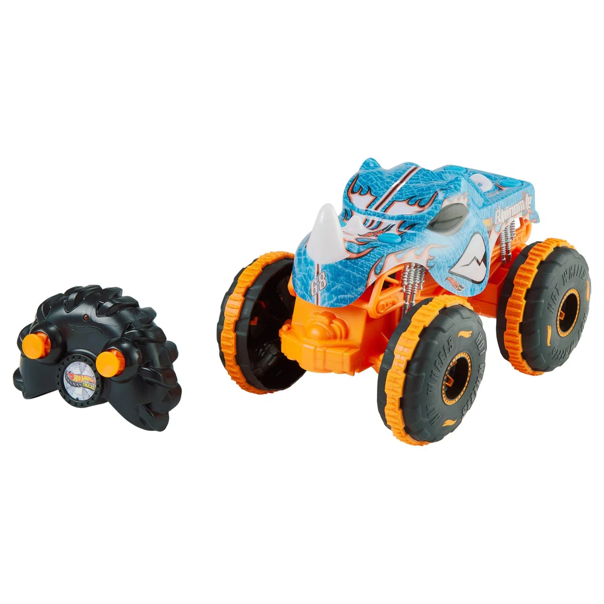 Hot Wheels Monster Trucks - Rhinomite R/C, camion radiocomandato in scala 1:24, con pneumatici Grip Action adatti a tutti i tipi di terreno e portata di 30 metri, 4+ anni, JBK11