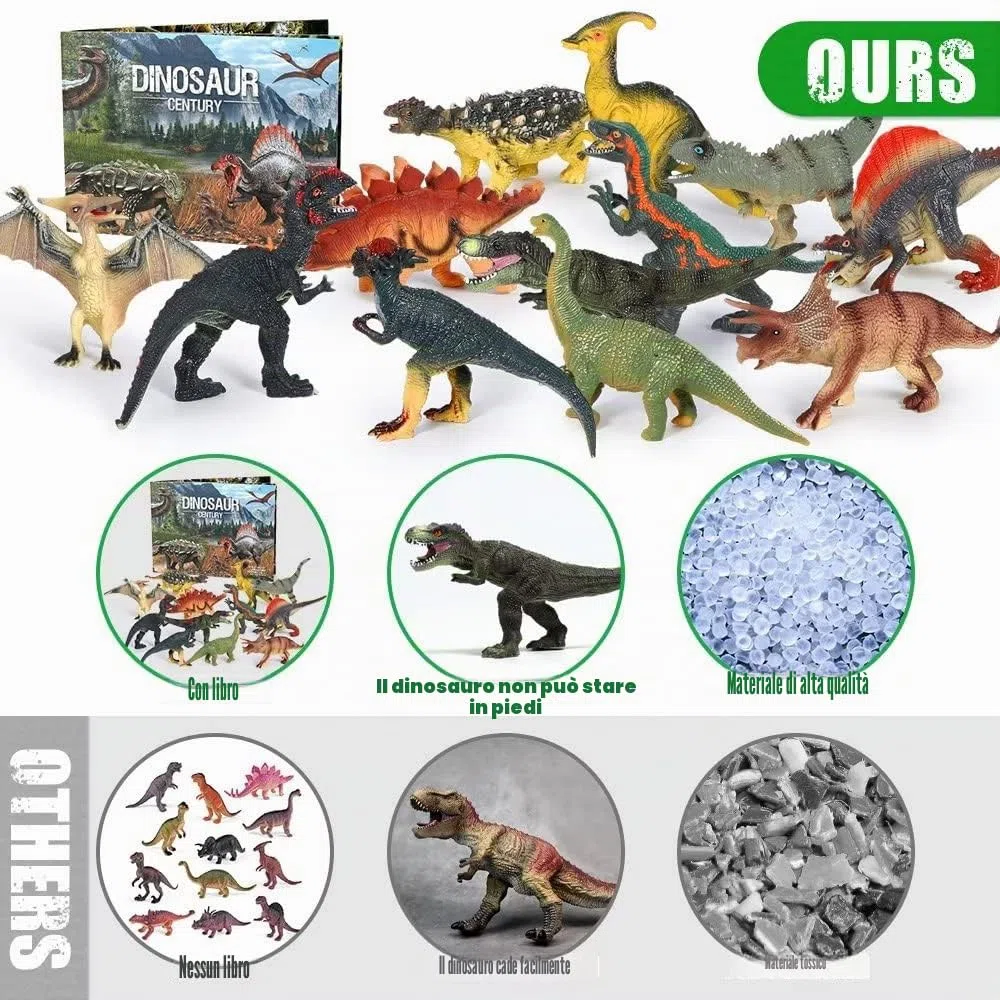 FRUSE Dinosauro Giocattolo per Bambini,12 Pezzi Educativi Realistico Figure di Dinosauri con T-Rex,Velociraptor,Libro Dinosauro,Dinosauri Giocattoli per Ragazzi Ragazze 3 4 5 6 Anni