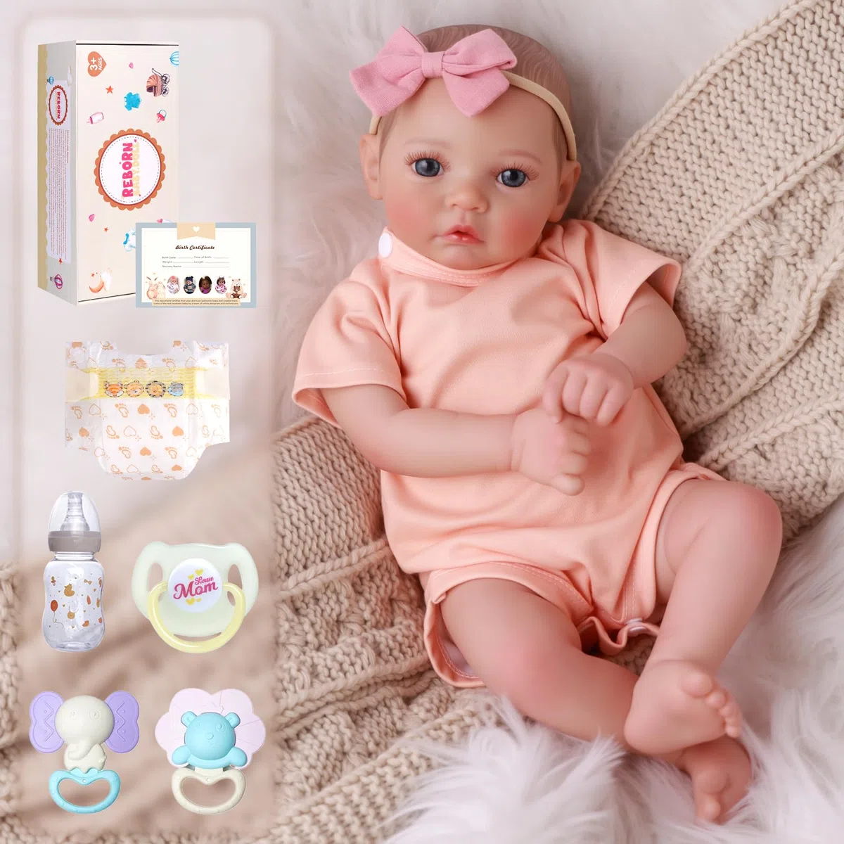 JIZHI Reborn Bambola Femmina da 17 Pollici, Bambole Neonata Realistico Con Occhi Aperti, Corpo in Tessuto Morbido, Arti Mobili, Con Set di Vestiti e Accessori, Regalo Giocattolo per Maschio e Femmina