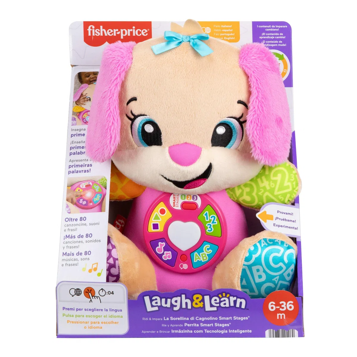 Fisher-Price Giocattolo per l'apprendimento dei Neonati Ridi e Impara Peluche Musicale Sis Smart Stages Rosa; per Bambini dai 6 Mesi in su, multilingue: Italiano, Spagnolo, Portoghese, Inglese, JFD35