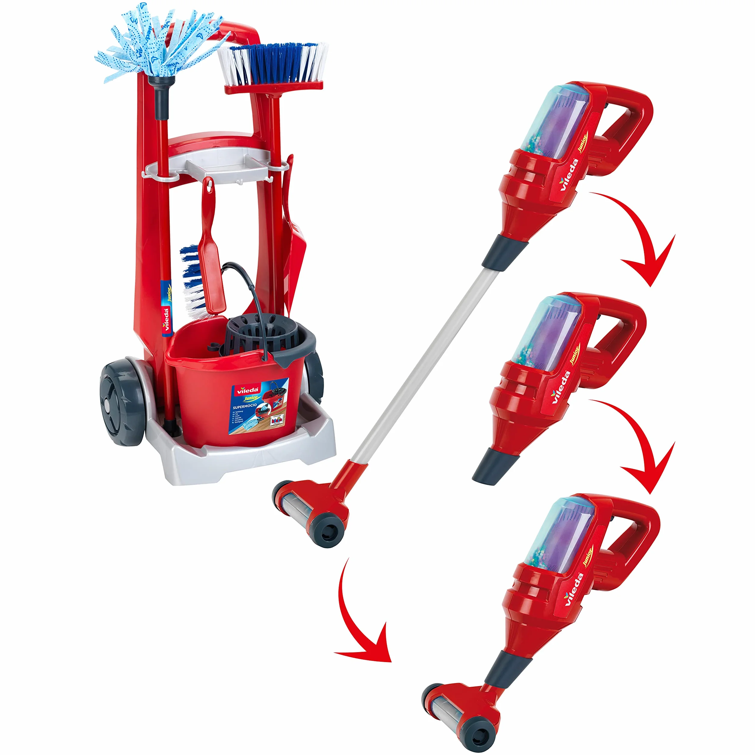 Theo Klein 6720 Carrello per le pulizie Vileda con aspirapolvere verticale, Include secchio, scopetta e paletta, 29 cm x 24 cm x 60 cm, Giocattolo per bambini dai 3 anni in su