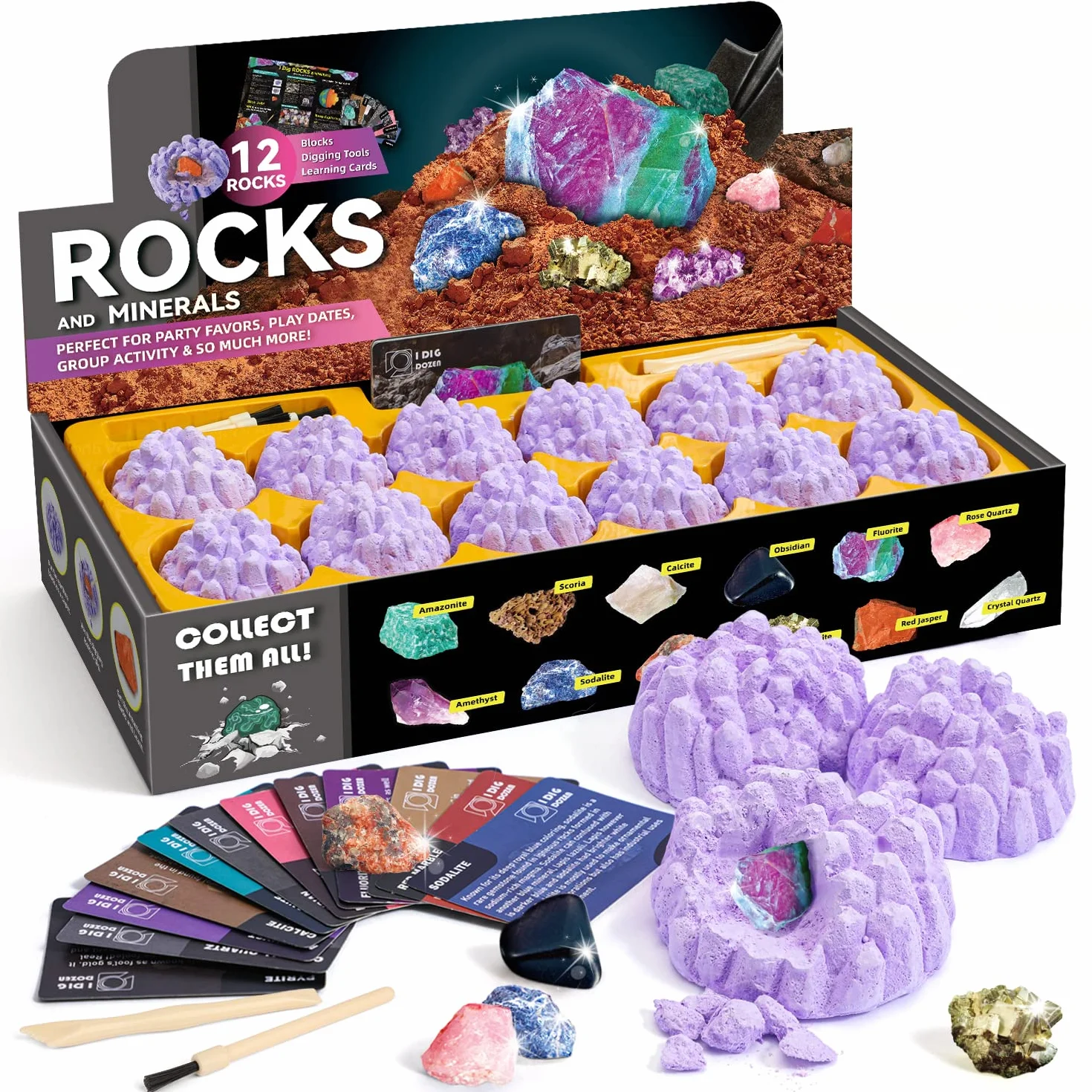 Byncceh Kit di Scavo per Bambini, Pietre Preziose e Eristalli Kit di Scavo, 12 Pietre e Cristalli, Minerali da Collezione, Gemme Mining Toys per Ragazzi e Ragazze, Regalo per Bambini