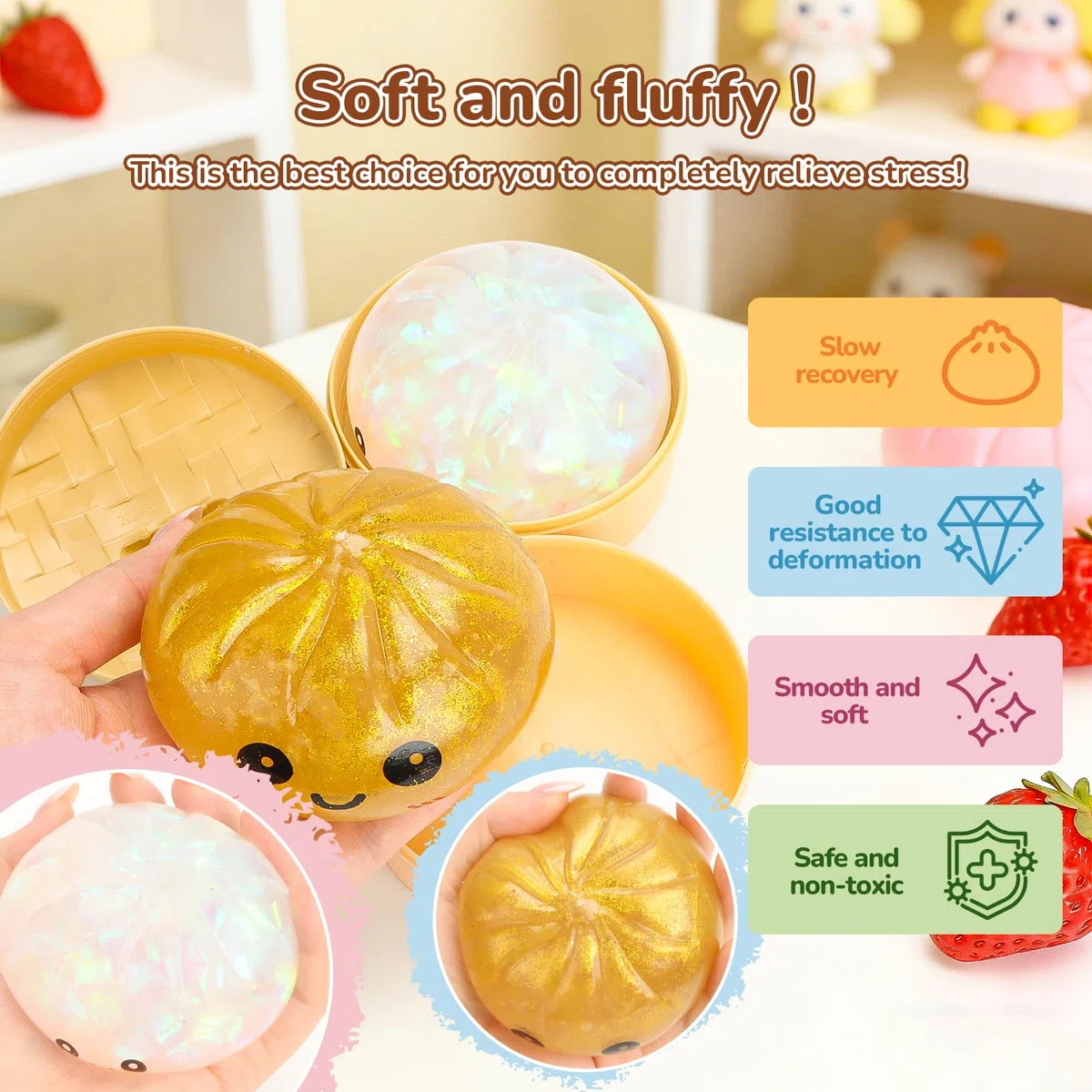 Dumpling Squishy Mystery, 10 cm Glitter Dumpling con vapore, Rainbow Mystery Squishy Bun, giocattolo sensoriale, palla antistress per bambini e adulti (2 pezzi)