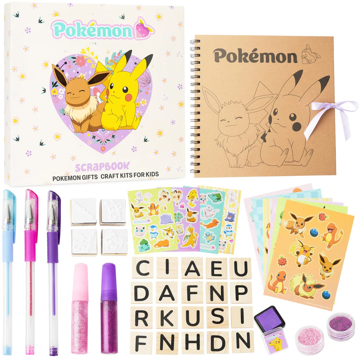Pokémon Scrapbooking Kit, 47 Pz Scrapbook Forniture, Kit Disegno Bambini, Glitter Penne Gel Adesivi e Accessori, Riempitivi Calze Regali per Bambini