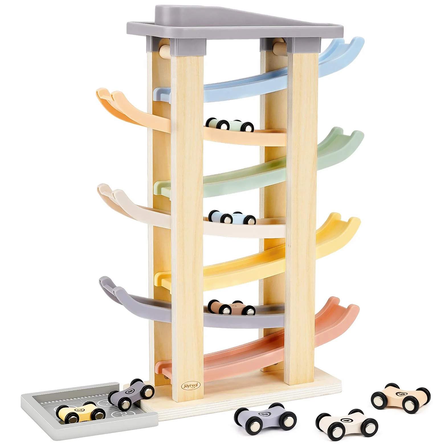 Joyreal Giochi Montessori 1 2 anno - Piste Macchinine Cars per Bambini, Giochi Legno Bambini con 8 Mini Auto Giocattolo e Garage Regalo Natale per Bambino Bambina