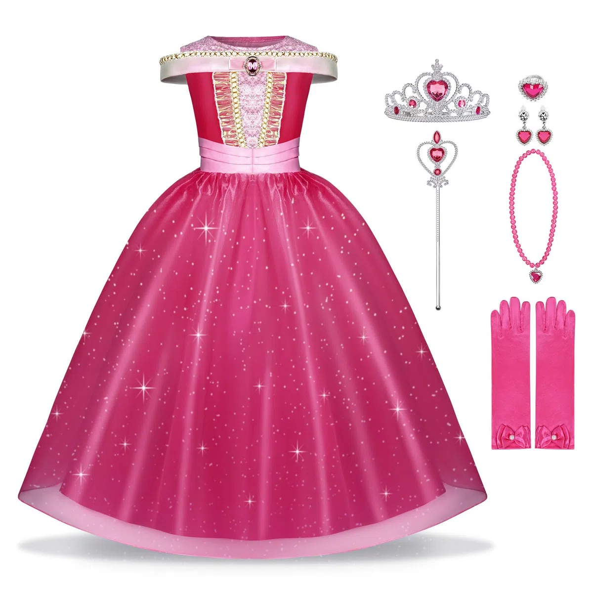 Costumi Principessa, 6 PCS Vestito Bambina Bella Addormentata Costume con Accessori, Ragazza Abiti Principessa Abito Principessa Rosa da Carnevale Halloween
