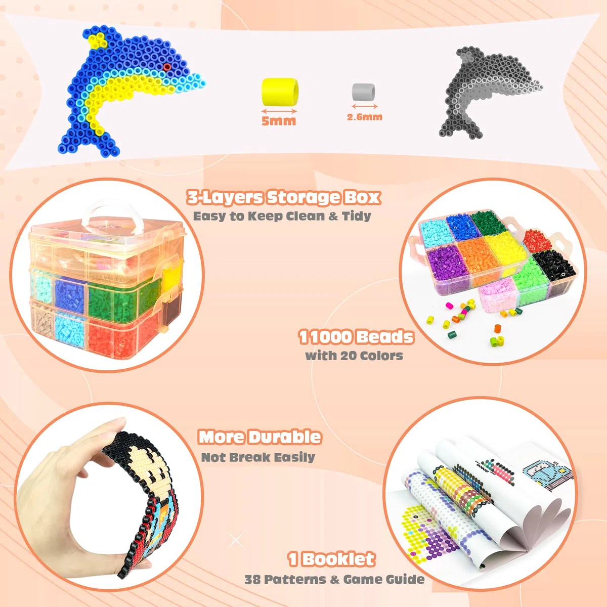 11000 Pezzi Perline da Stirare, 20 Colori Perline a Fusione con Custodia, Pegboard, Guida Utente, Decorazioni, Creativo Regali Compleanno Natalizio Fai Da Te per Bambini di 5+ Anni (5MM)