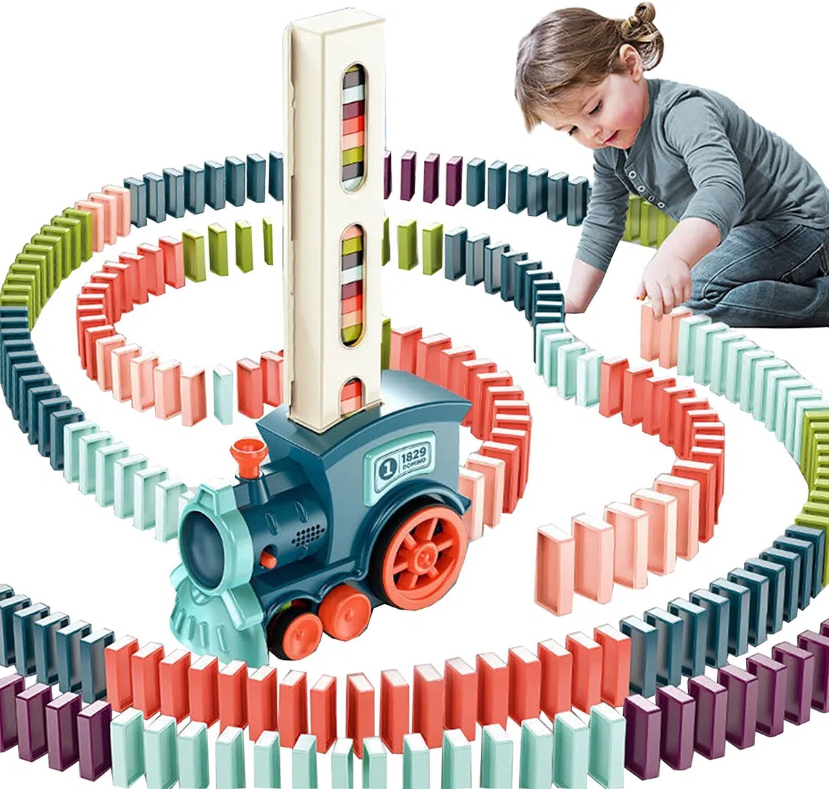 OBEST Treno del Domino, 180 PCS Blocchi Elettrico, Automatico Distribuzione Locomotiva, Giocattolo Educativo Regalo per Ragazze e Ragazzi dai 3 Anni in Su