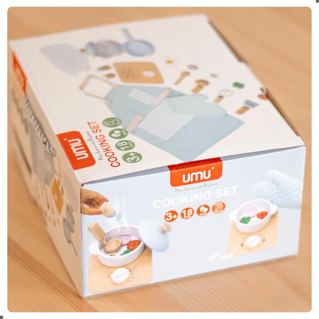 UMU - Kit da cucina in legno per bambini, con stoviglie, pentole, padelle, grembiule, cibo