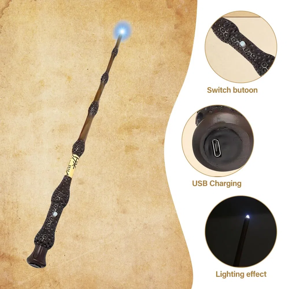 Bacchetta di 38 cm di Albus Silente con luce, bacchetta di Sambuco di Harry P-Otter, bacchetta magica di Dumbledore ricaricabile USB, bacchetta luminosa in resina con carta degli incantesimi