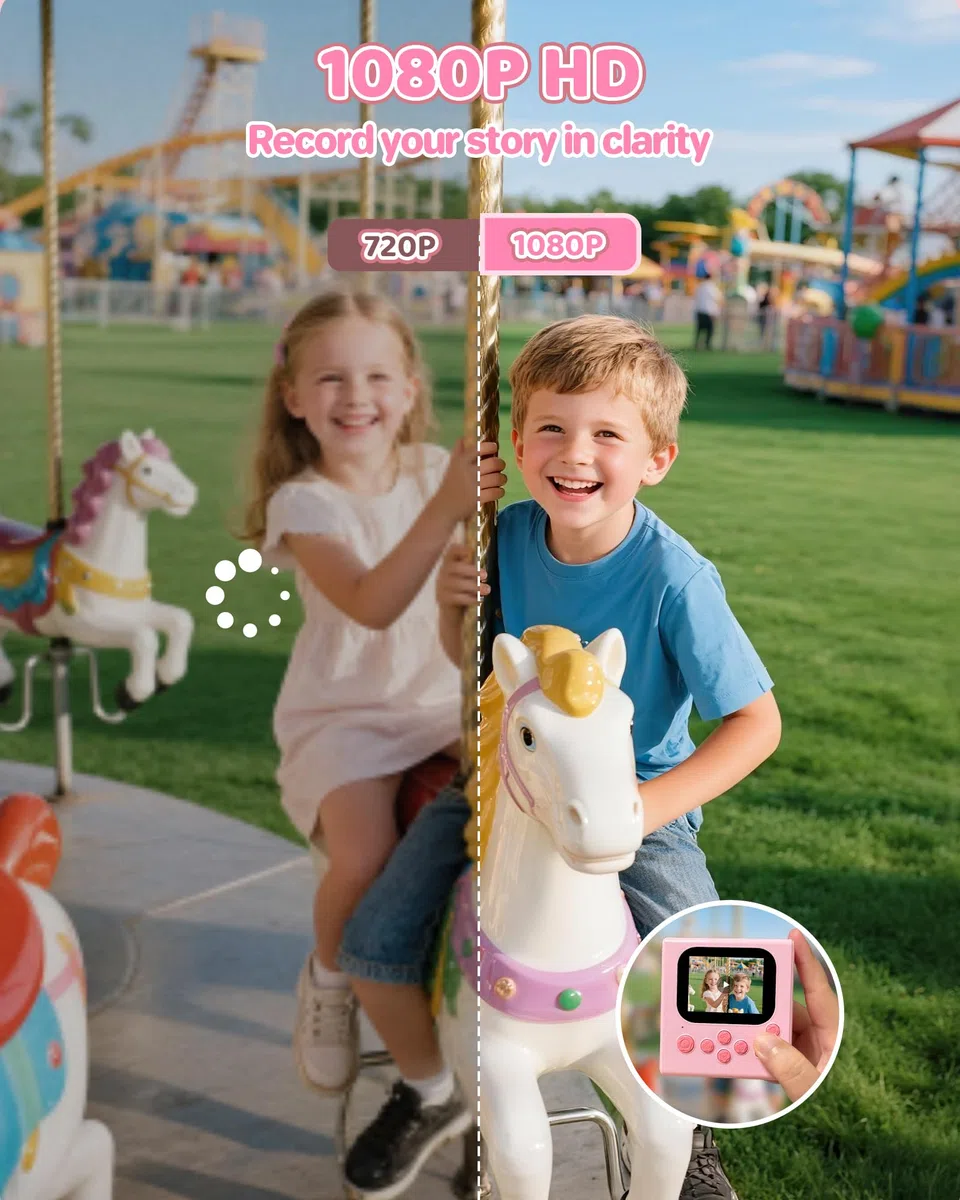 Macchina Fotografica Bambini Istantanea Rosa: HODDRCCN Macchina Fotografica Istantanea Bambini - Registrazione Video 1080P - Lettore MP3 - Include Scheda SD da 32 GB e Cordino Portatile