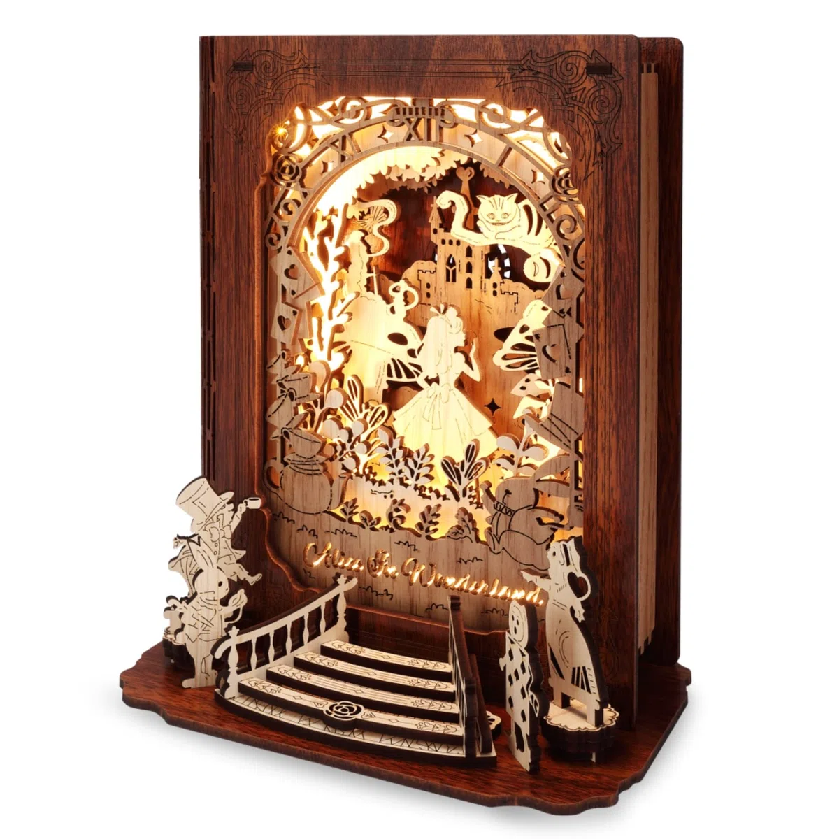 FUNPOLA Alice nel Paese delle Meraviglie Puzzle 3D Luce Notturna – Lampada da Libro LED 3D Fai da Te – Puzzle in Legno 3D Lampada Decorativa per Bambini e Adulti