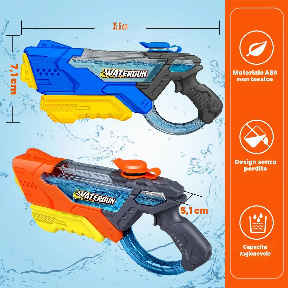 Pistola ad Acqua per Bambini – Portata 10 m, Serbatoio 600 ml, Pompa Manuale, Ricarica Veloce, Giocattolo per Piscina, Spiaggia e Giardino per Adulti e Bambini