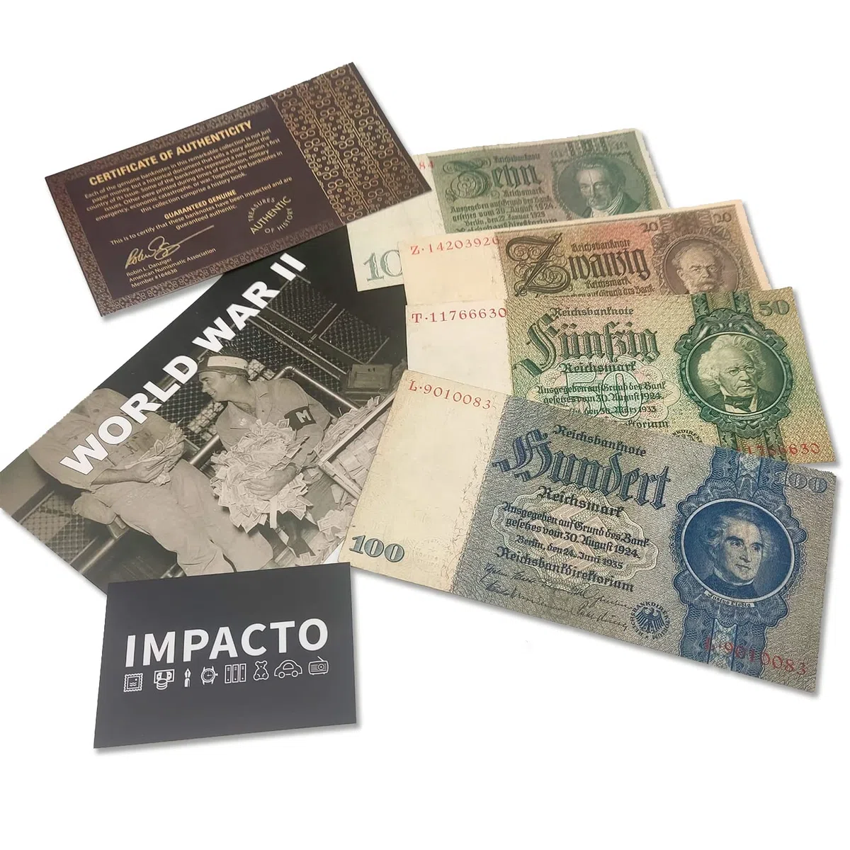 IMPACTO COLECCIONABLES | Collezione di 4 Banconote del Reichsmark Tedesco (1929-1935) | Testimoni della Seconda Guerra Mondiale e dell’economia dell’Epoca | Include Certificato di Autenticità