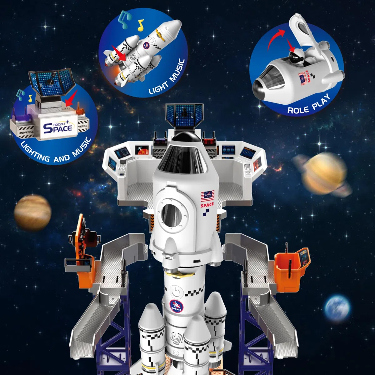 deAO Space Shuttle Giocattolo STEM 5 in 1 con Centro di Lancio, Console, Satellite, Astronauti e Lampada