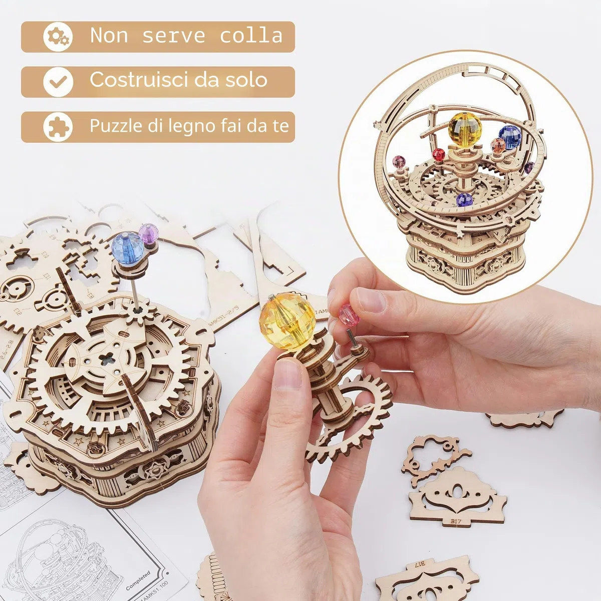 Robotime Puzzle 3D in Legno - Notte Stellata Scatola Musicale, Fai-da-Te Kit Modello Meccanico, Anello Meridiano Astronomico Girevole con La Musica