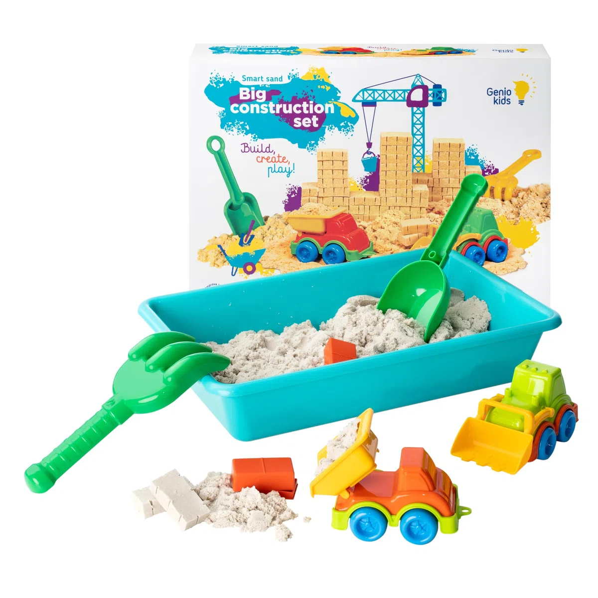Genio Kids Set Sabbia Magica Costruzione - 1 kg di Sabbia per Bambini con Camion e Escavatore, Sabbiera e Accessori, Gioco Creativo e Sensoriale, Regalo per Bambini 3 4 5 6 7 8 Anni
