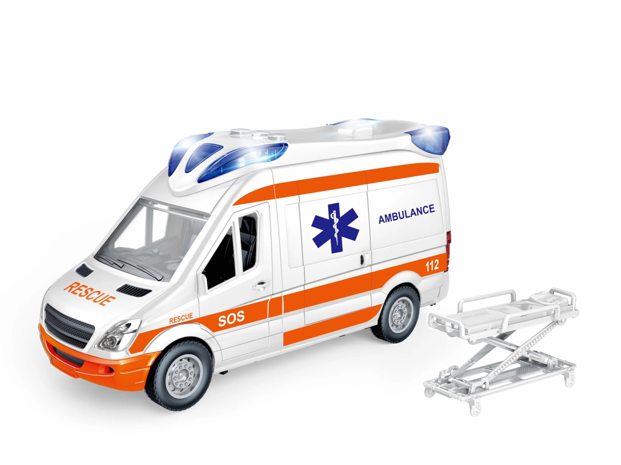 Teorema Giocattoli, Ambulanza Play City Scala 1:12, Giocattolo Pronto Intervento per Bambini, Veicolo di Emergenza con Luci, Suoni e Barella Regolabile, Macchinina Bambino a Frizione