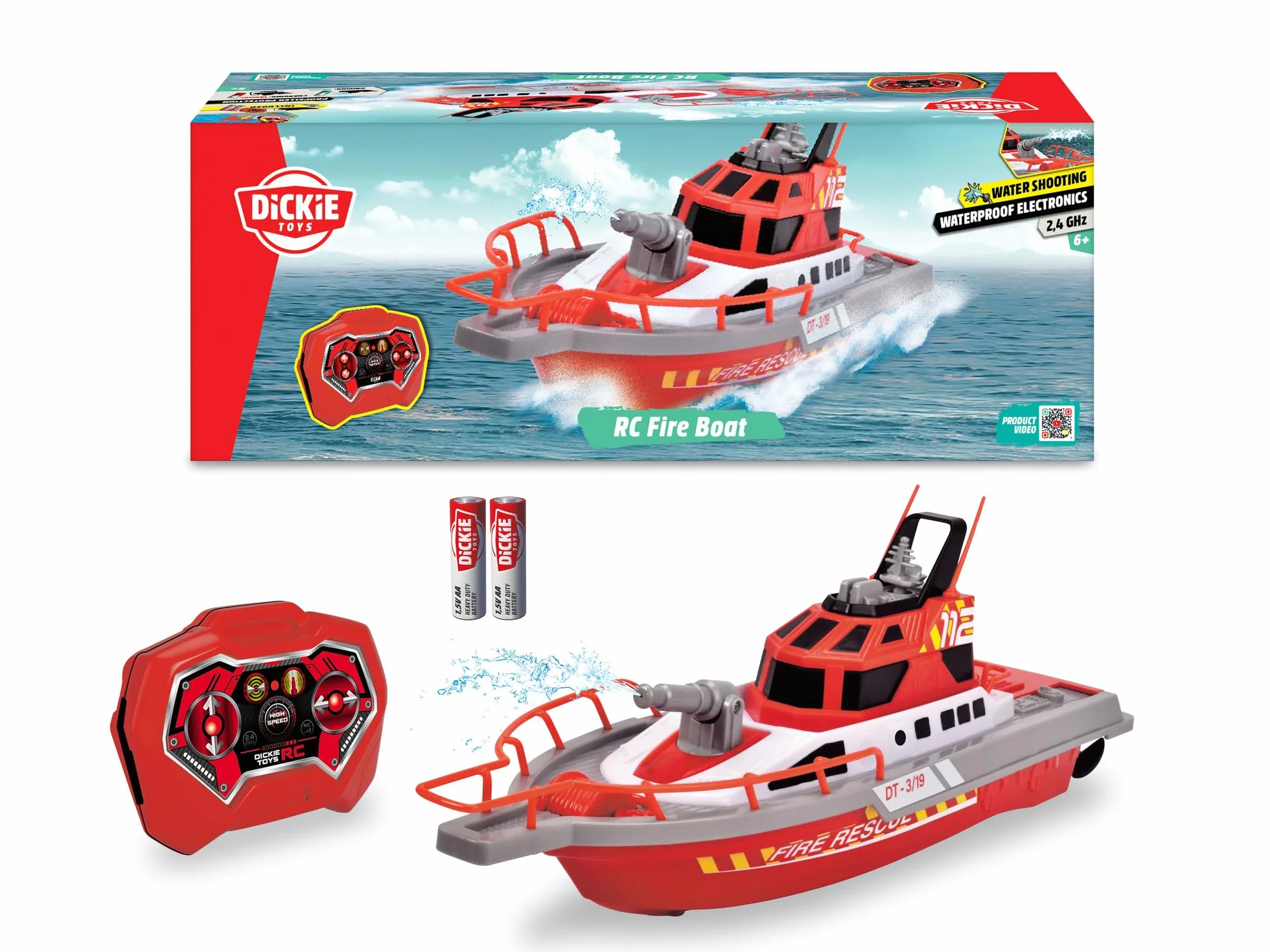 Dickie Toys 201107000 - Barca antincendio Radio Control 38 cm, 2 canali, 27 MHz, ricarica USB, velocità punta 6 km/h, per bambini a partire da 6 anni