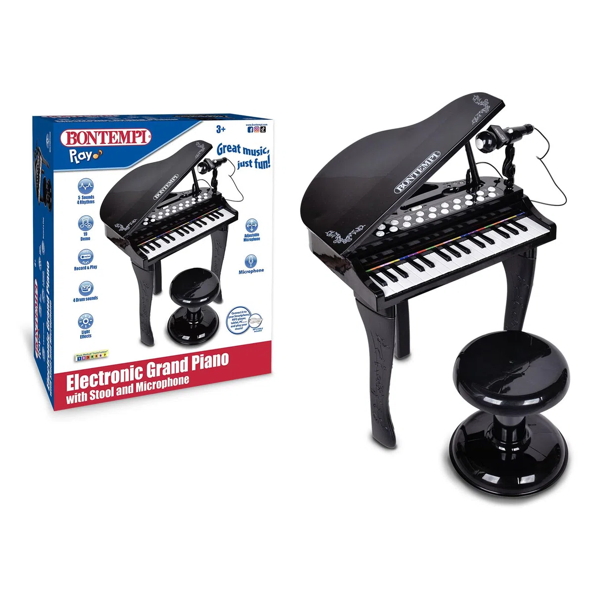 Bontempi | Pianoforte a Coda Elettronico 32 Tasti con Microfono e Sgabello, Effetti Luminosi, 5 Suoni, 4 Ritmi, 19 Brani, 53x40x32 cm