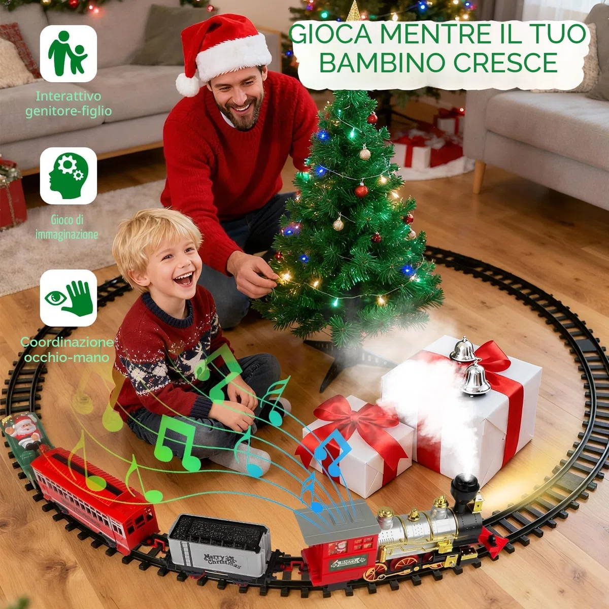 Treno Elettrico per Bambini con Fumo, Luci e Suoni - Set Treno a Vapore Giocattolo per Ragazze Ragazzi di 3 4 5 6 Anni - Regalo di Natale Perfetto