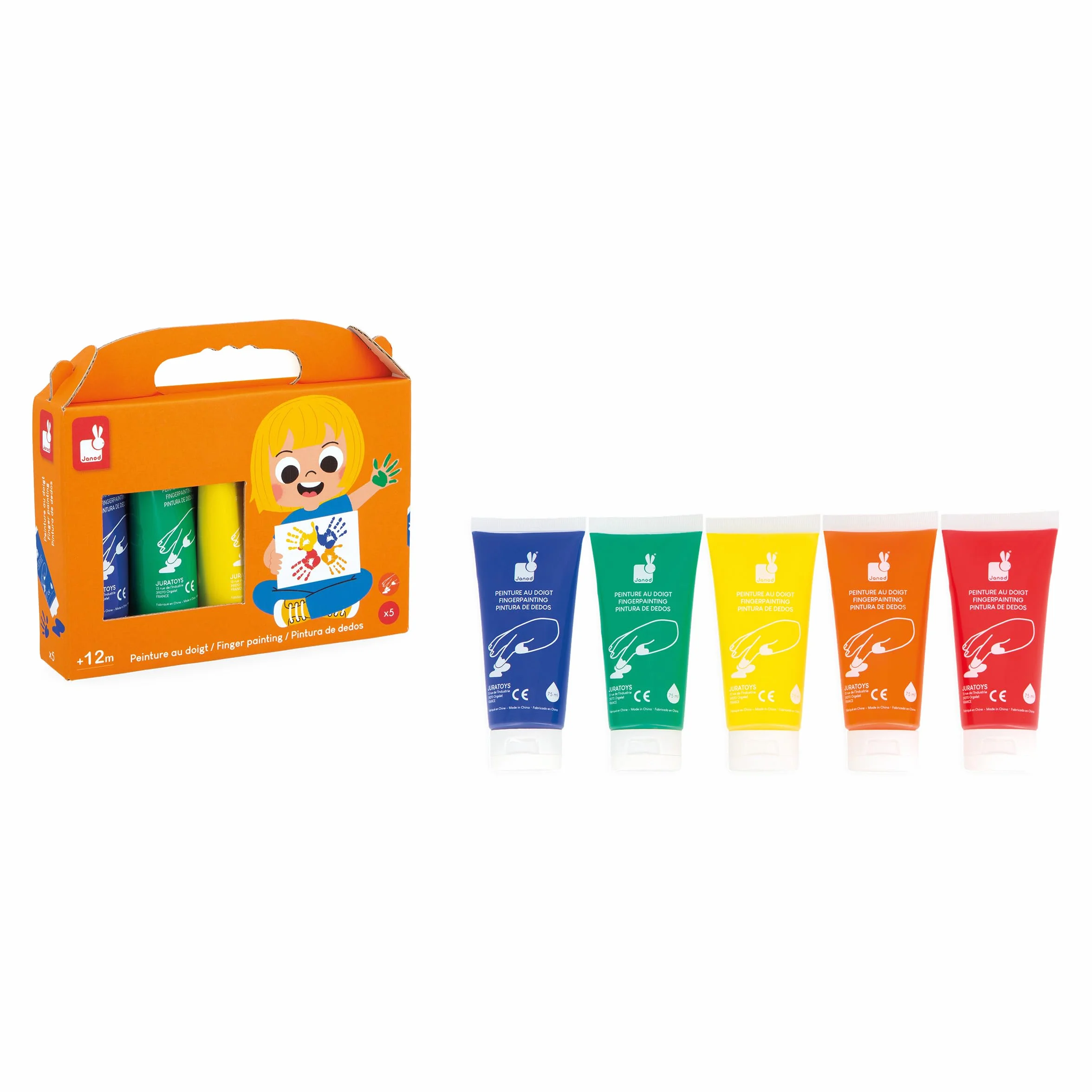 Janod - 5 tubetti di pittura a dita per bambini a partire da 1 anno - Tubetto da 75 ml - Dermatologicamente testato - Ideale per i più piccoli - A partire da 12 mesi - J07403