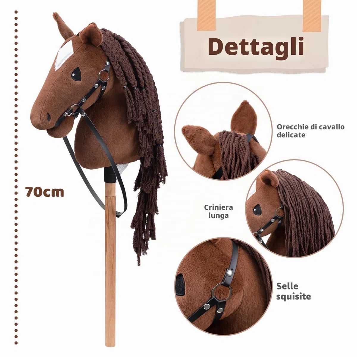 BEJOYCavallo in legno, peluche, per equitazione, per bambini, con cavezza e corda, marrone scuro