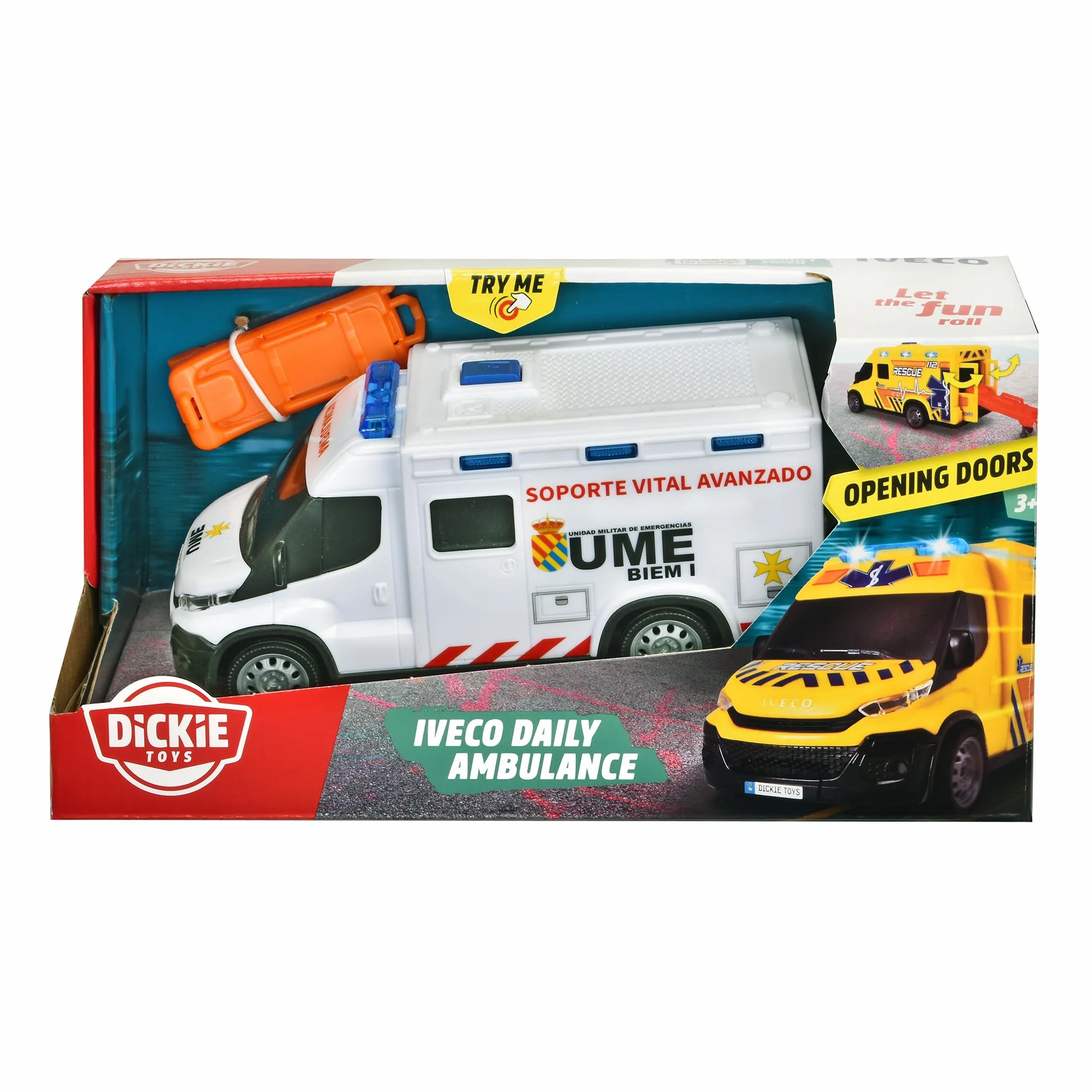 Dickie Toys - Ambulanza IVECO UME 18 cm, Ambulanza giocattolo, Luce e Suono, Ruota con Girata Libera, con Barella, Veicolo Giocattolo Bambini Ragazze a partire dai 3 anni (203713014SI5)