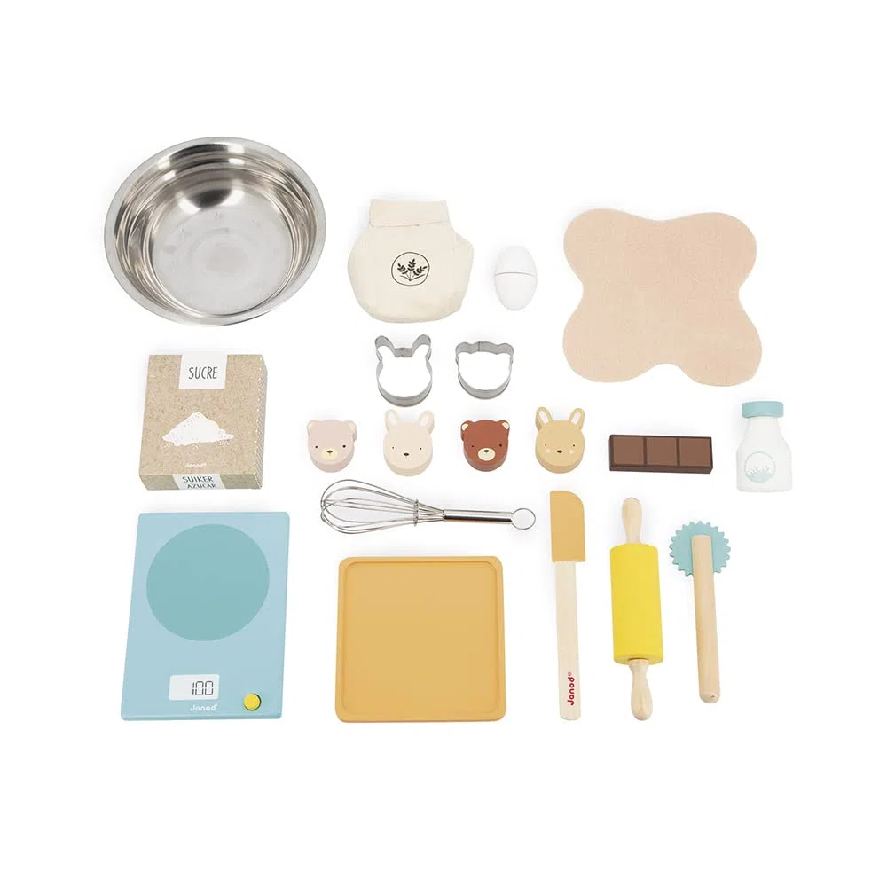 Janod Il Mio Set da Pasticcere, Giocattolo di Imitazione Cucina e Ristorante, 19 Accessori in Legno e Feltro, Certificato FSC, Vernice ad Acqua, dai 3 Anni, J06618