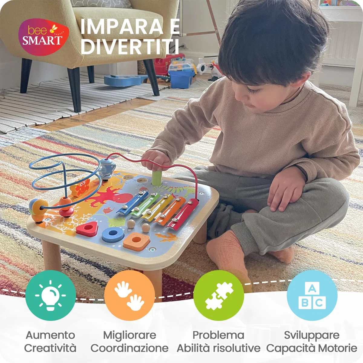 Tavolo di attività in legno - Gioco 5 in 1 per bambini | Xilofono, labirinto di perline, banco del martello, smistatore di forme | Regali di giocattoli educativi montessoriani di attività per bambini