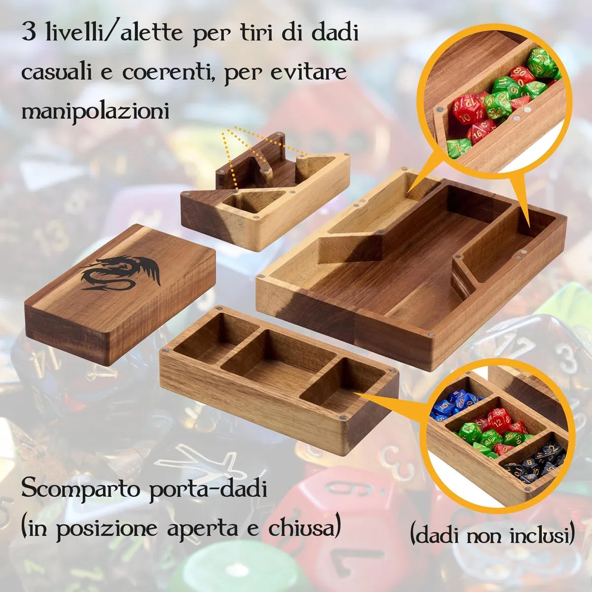 Tapeera DND Gifts - Torre magnetica per dadi in legno con vassoio, accessorio Dungeons and Dragons, portatile, per giochi di ruolo da tavolo