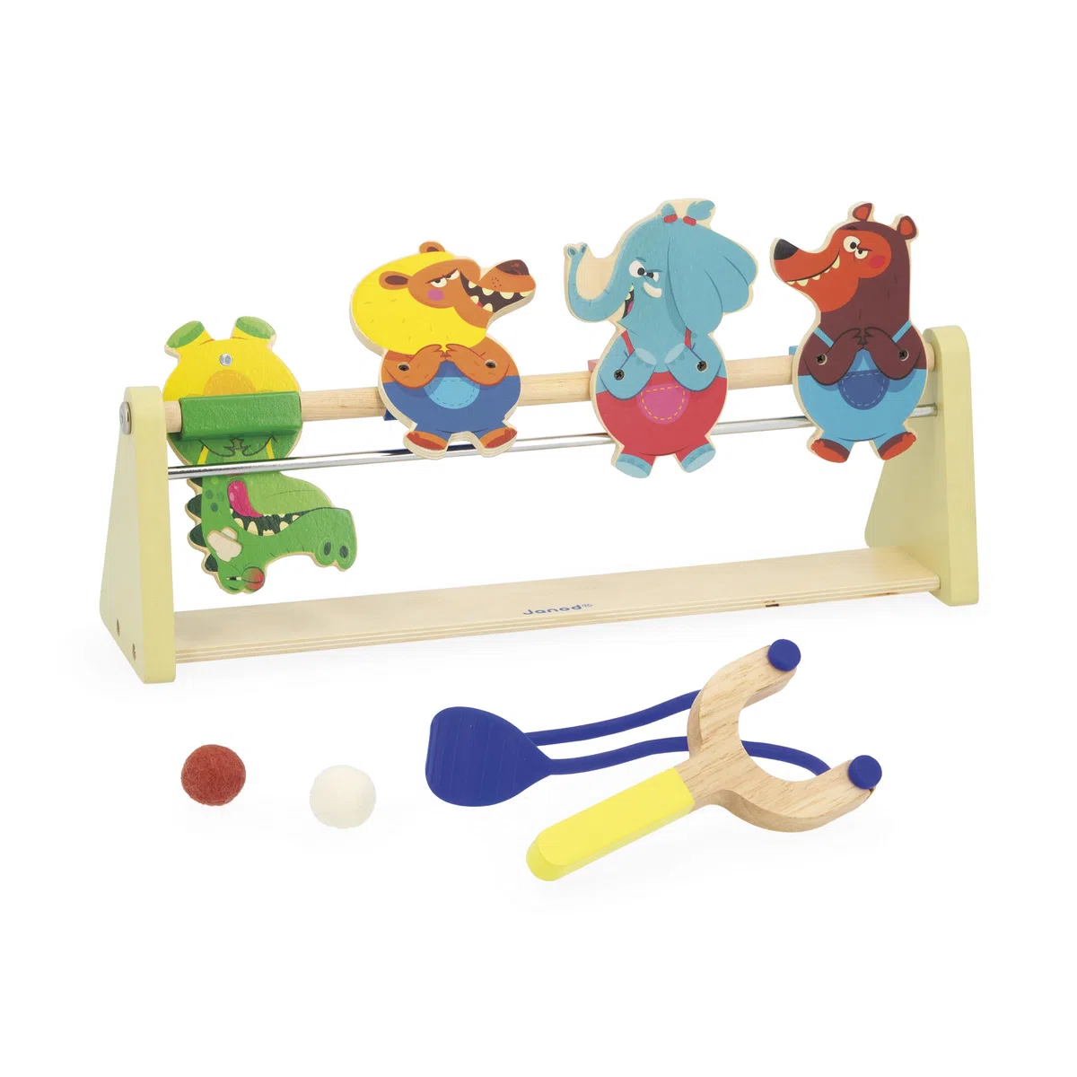 Janod Tiro a Segno in Legno per Bambini, Gioco con Bersaglio, 4 Personaggi, 1 Lanciatore, 2 Palline in Feltro, Sviluppa precisione e concentrazione, Giocattolo in Legno, da 5 Anni, J03372