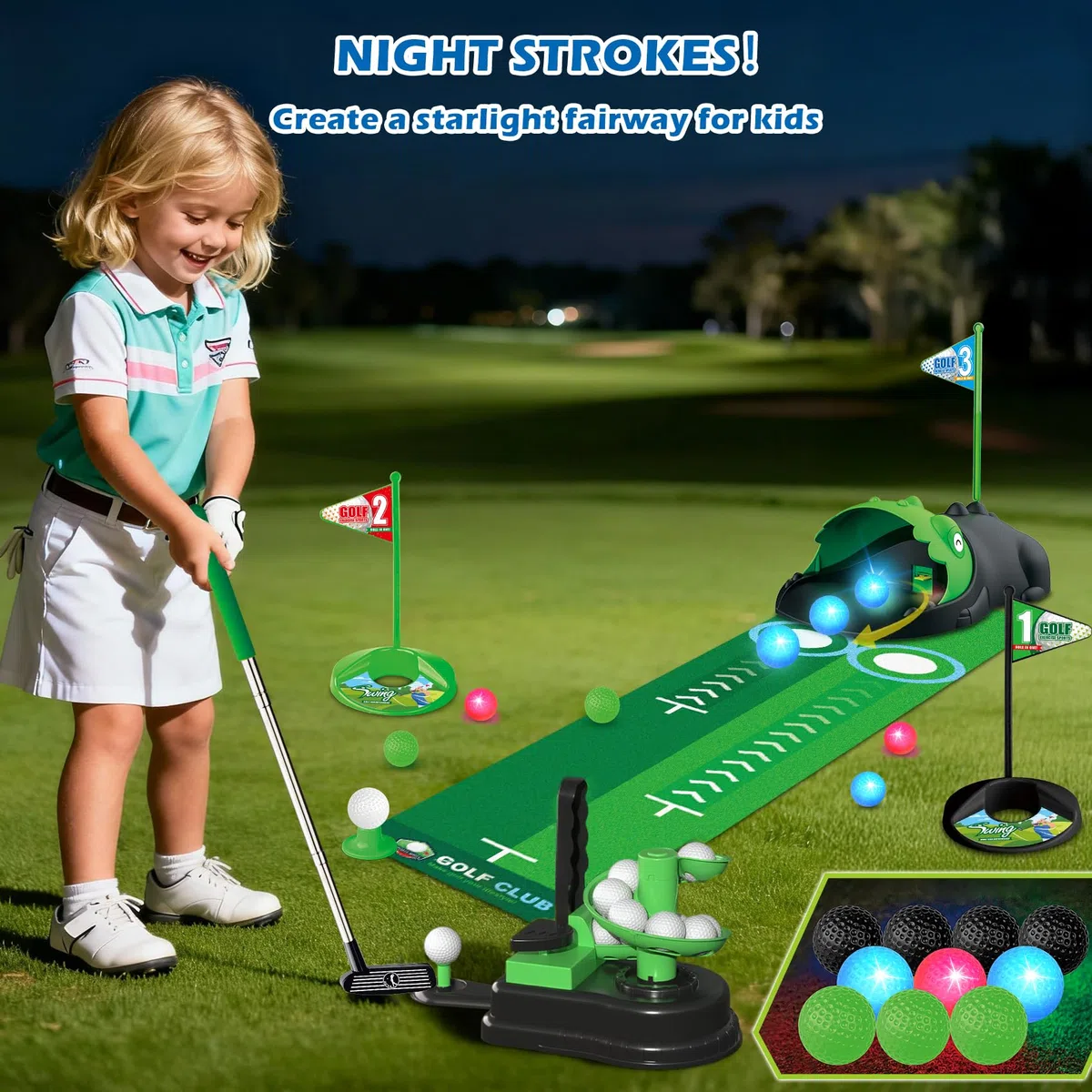 TERRAMUS Set da golf per bambini aggiornato, giocattoli da golf 3 in 1 con dinosauro, ritorno automatico della palla e lanciatore di palline, palline luminose a LED mini giocattolo da golf per età 3-8