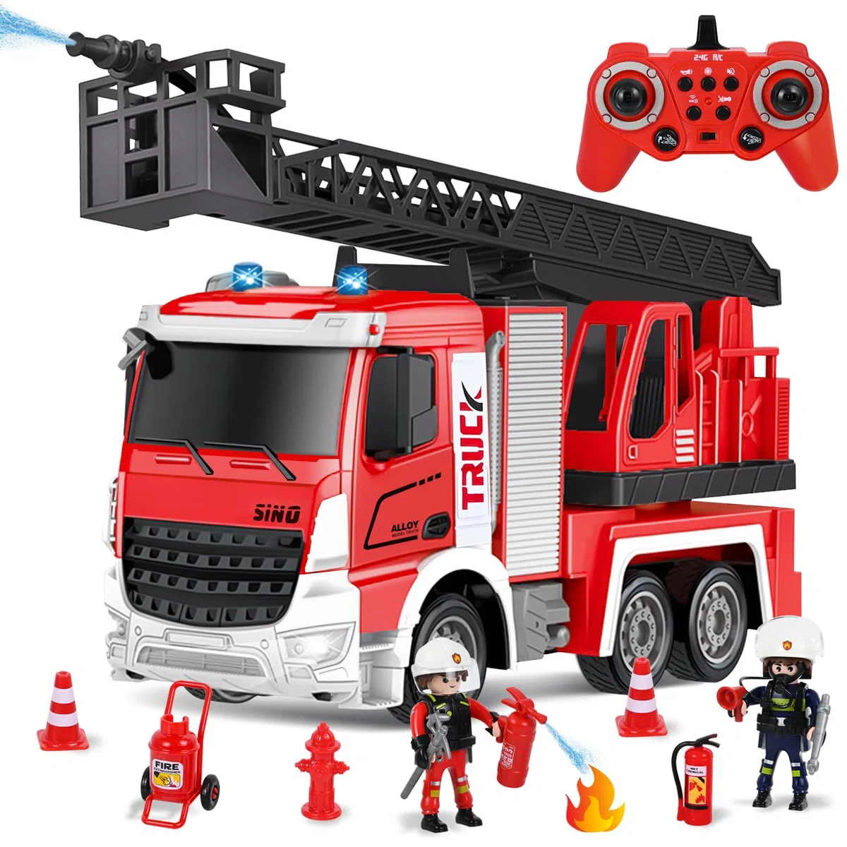 PATEMZON Camion Pompieri Giocattolo, Camion dei Pompieri con Spruzzi D'acqua, 60CM Scala Girevole e Accessori Giocattolo, Luci e Suoni, Autopompa 2.4GHz Regali per Bambine e Bambini Dai 3 Anni