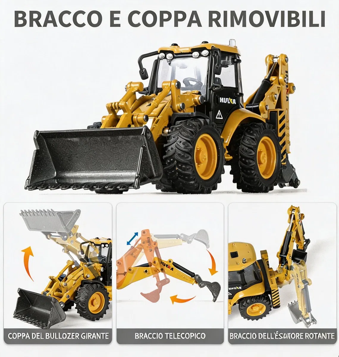 Escavatore Ruspa Giocattolo, 1/50 Modelli di Giocattoli 2 in 1 Camion a Frizione Modellini con Bulldozer Spiaggia Macchinine per Bambini Anni, Regalo di Compleanno Giocattoli- Yellow
