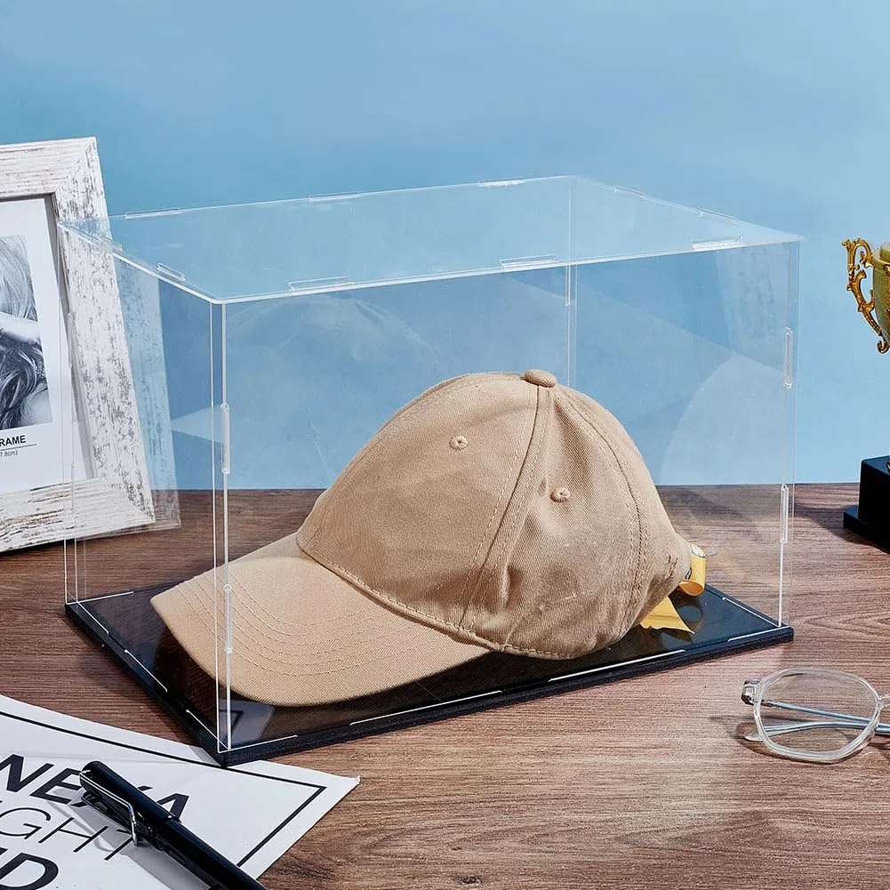 AHANDMAKER Espositore per cappelli in acrilico, trasparente, antipolvere, con base nera, espositore cubo per action figure, baseball, protezione armadio, 30,5 x 20,3 x 20,3 cm