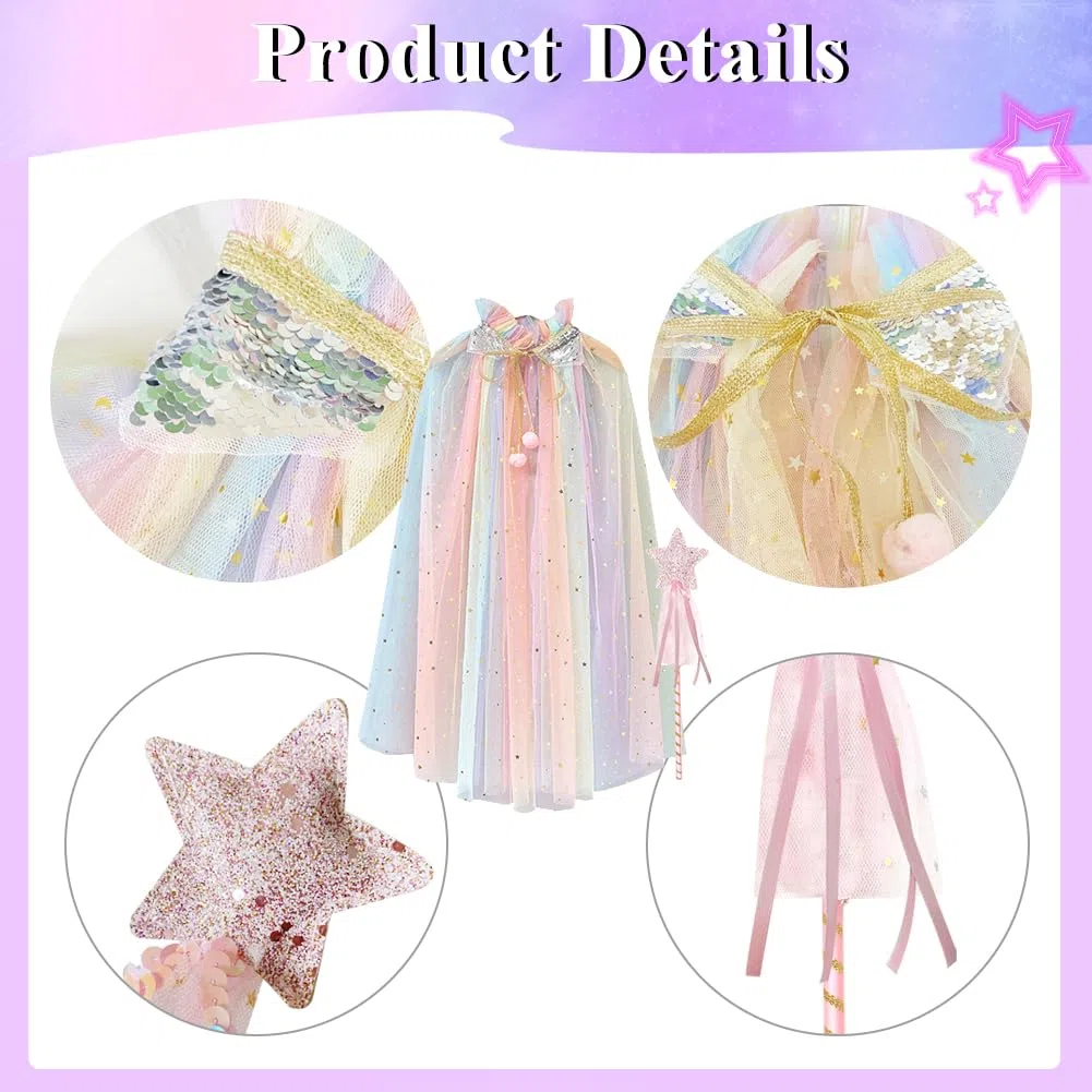 Mantello principessa bambina, mantello halloween bambino magica mantello Tulle con paillettes scintillanti scialle halloween principessa con bacchetta magica per ragazze 6-10 anni