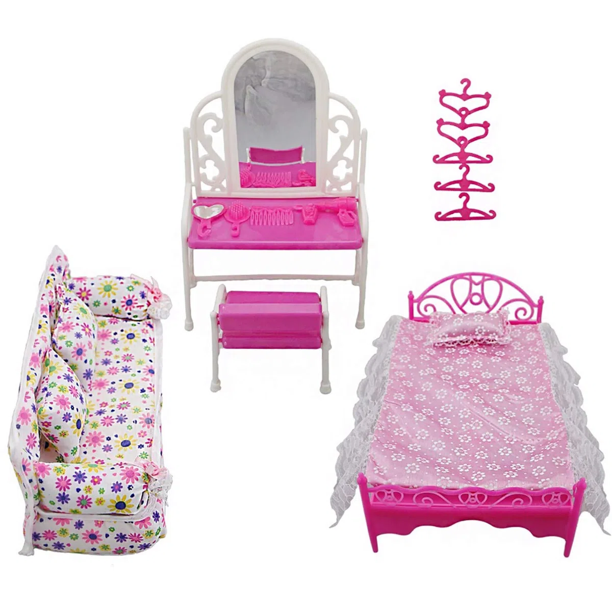8 Pezzi/Set Accessori per Mobili Principessa Set Comò Regalo + Set Divano + Set Letto + Grucce per Camera da Letto Bambola Barbie