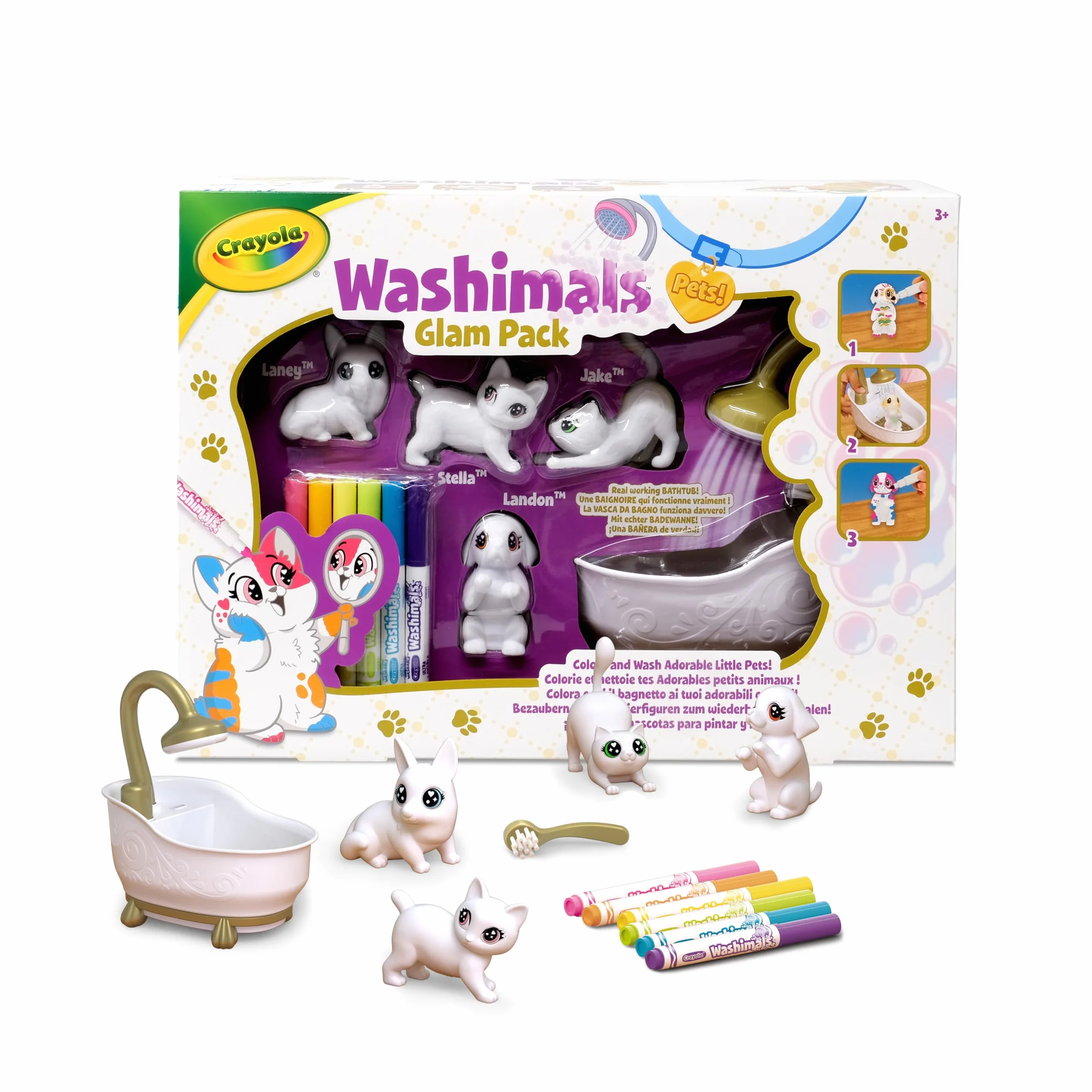 CRAYOLA Washimals Pets - Set Attività Colora Lava Ricolora con Cuccioli con Vasca da Bagno Funzionante, Cagnolini e Gattini, Ideale da Regalare, Età Consigliata: da 3 Anni