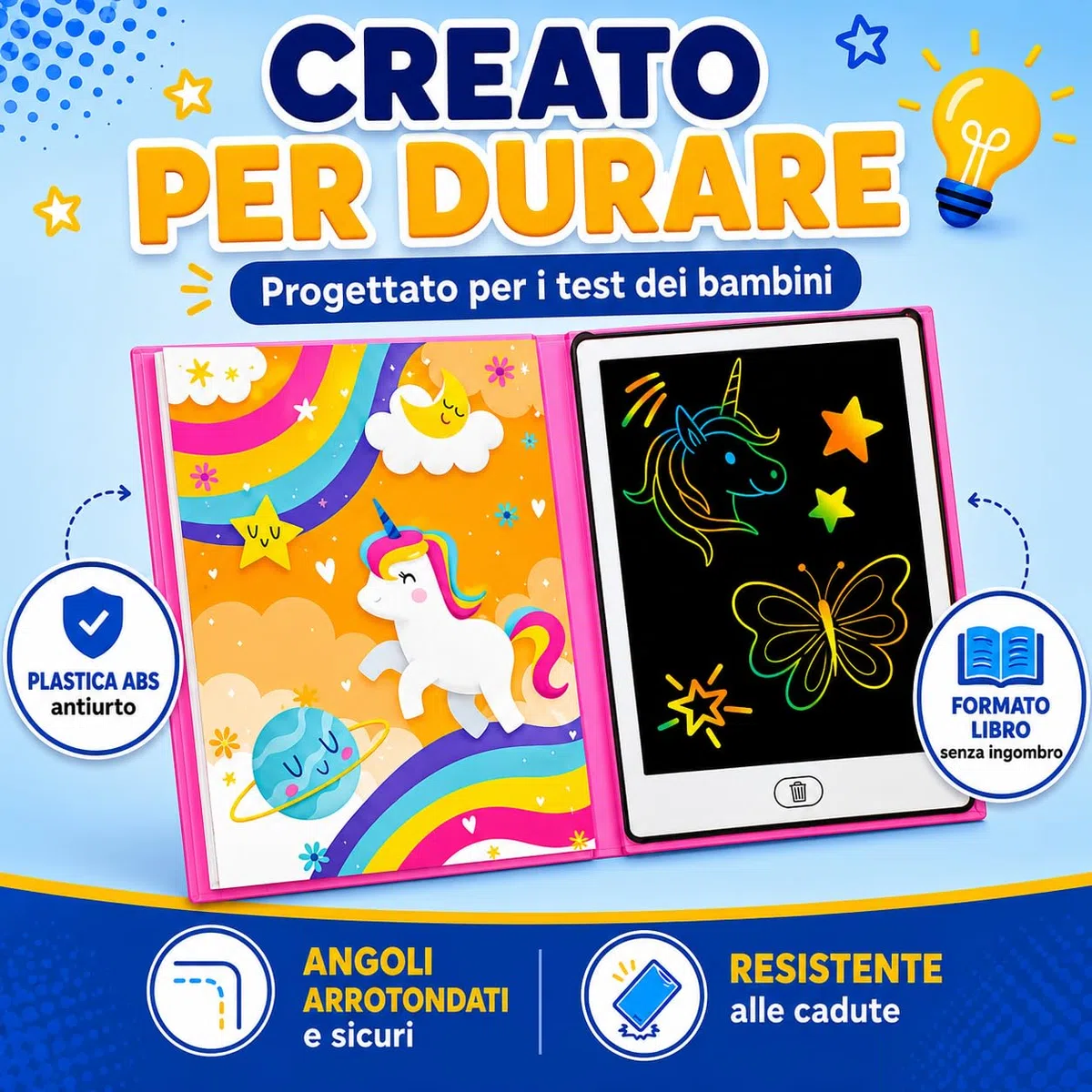 Big Minds - Tavoletta Grafica Bambini Rainbow LCD | Lavagna Per Bambini Formato Libro | Lavagnetta Cancellabile 20 Modelli Reversibili | Lavagna Magica Per Bambinii | Giochi Bambina 4 Anni