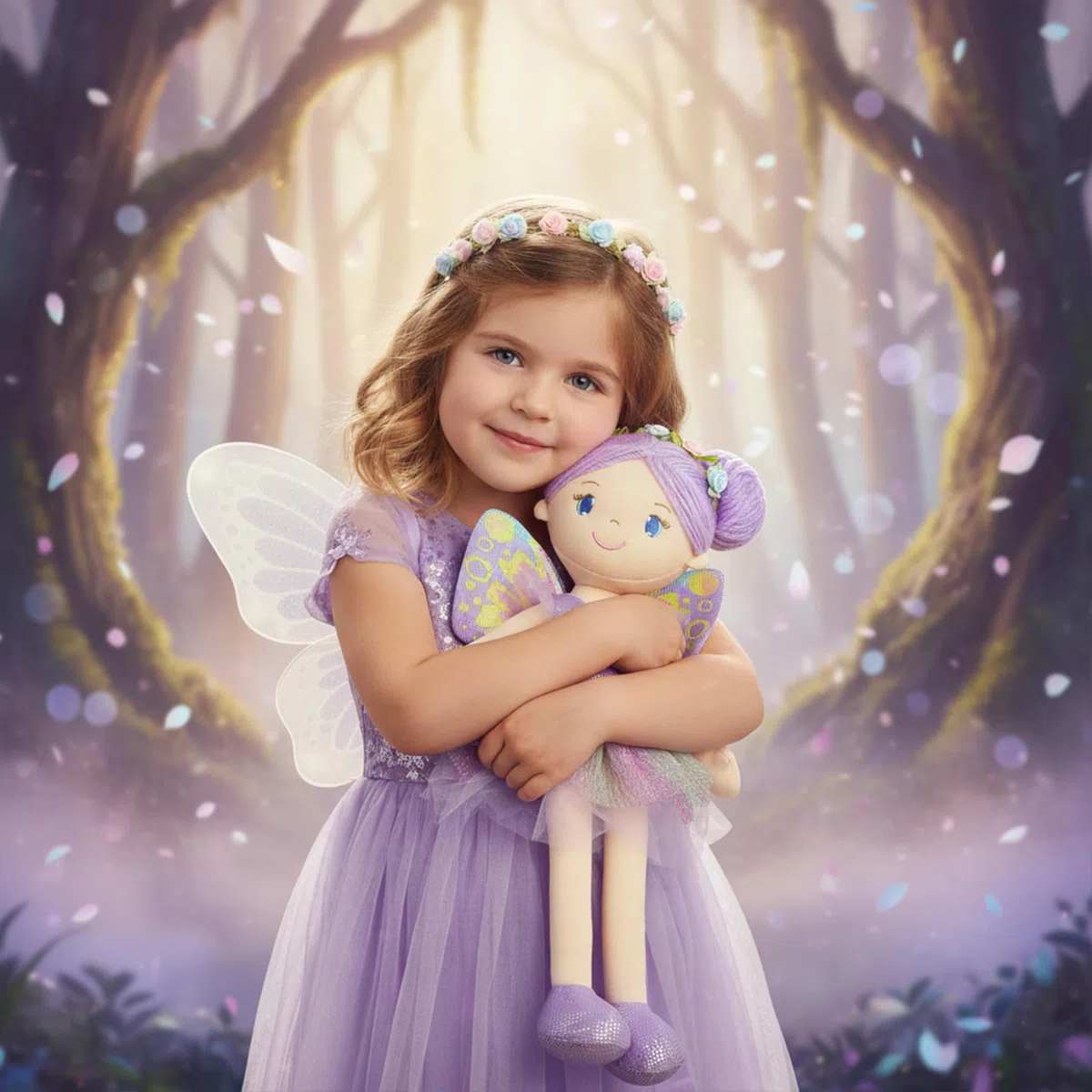 Yaritza - Bambola fatata incantata da 40 cm, morbida bambola di peluche, regalo per ragazza, vestito viola e ali