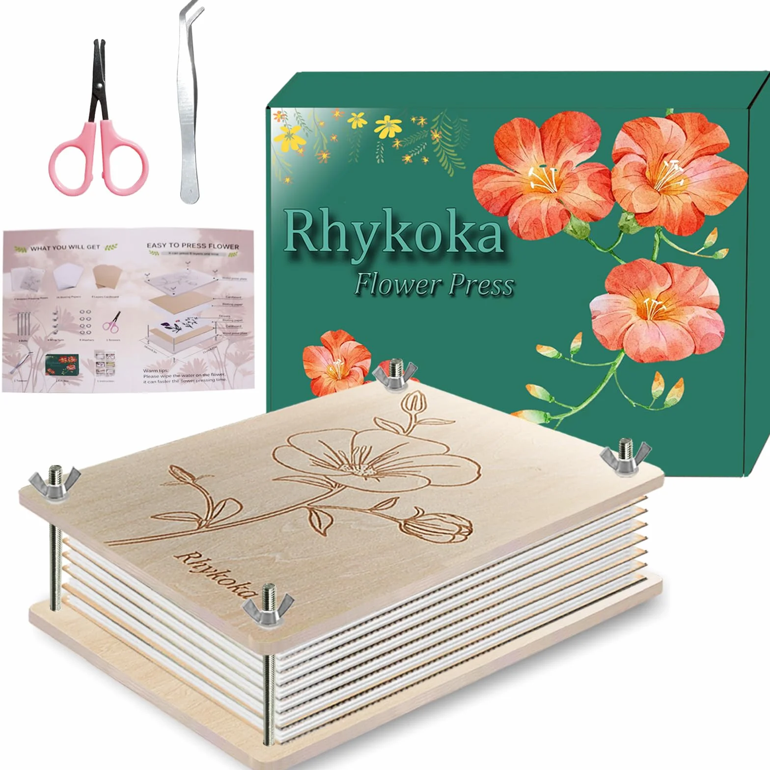 Set di pressa per fiori professionale a 8 strati, 16 x 21 cm, set di pressa in legno per bambini e adulti, istruzioni chiare incluse (lingua italiana non garantita), bel regalo per