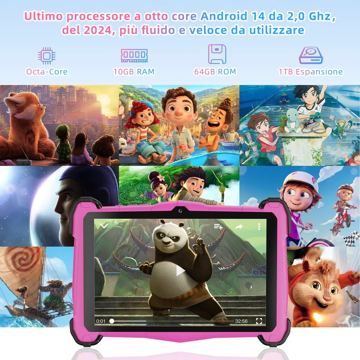 Tablet Bambini 7 Pollici Android 14 Octa-Core, 10 GB RAM + 64 GB ROM (TF 1 TB), Kids Tablet Educativo e Divertente, Controllo Parentale, WiFi, Bluetooth, Con Custodia Antiurto, Rosa