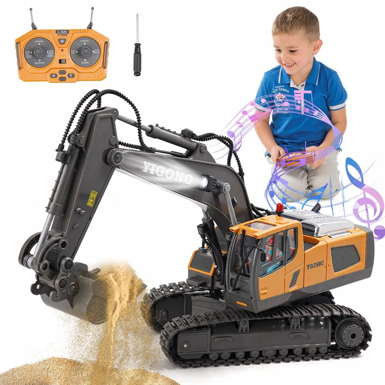 Escavatore Telecomandato per Ragazzi e Ragazze di età Superiore a 5 anni, Macchinine RC da 2.4 GHz con Luce, Suono e Rotazione a 680 °, Regalo Compleanno Giocattolo da Costruzione