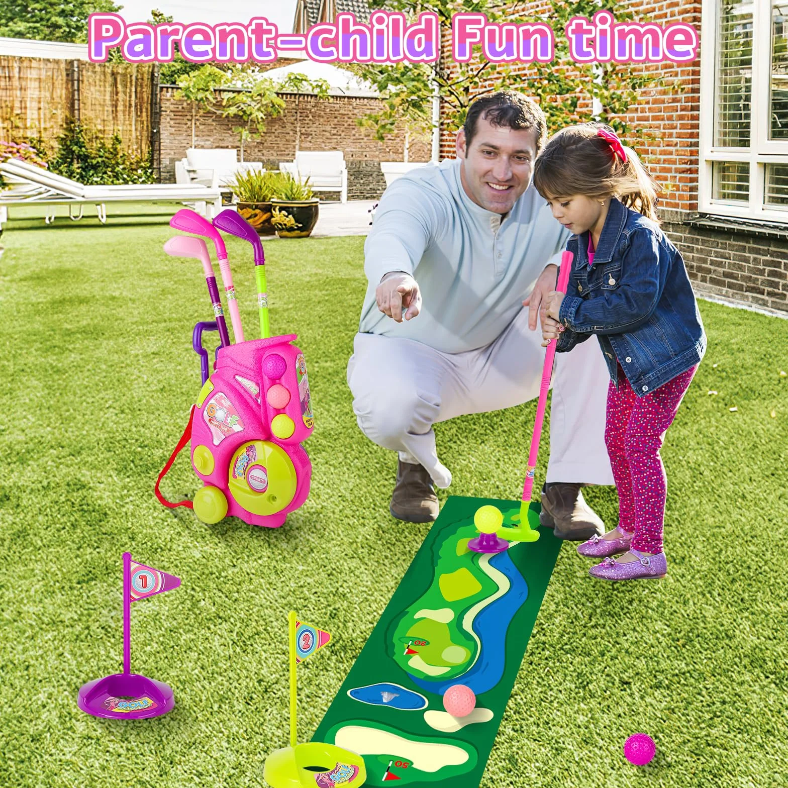 deAO Golf Set Giocattoli per Bambini, Tappetino da Golf, 4 Putter da 60CM, 6 Palline da Golf, Giocattoli per Bambini, Giocattoli da Interno Esterno Regali di Compleanno per Ragazzi Ragazze