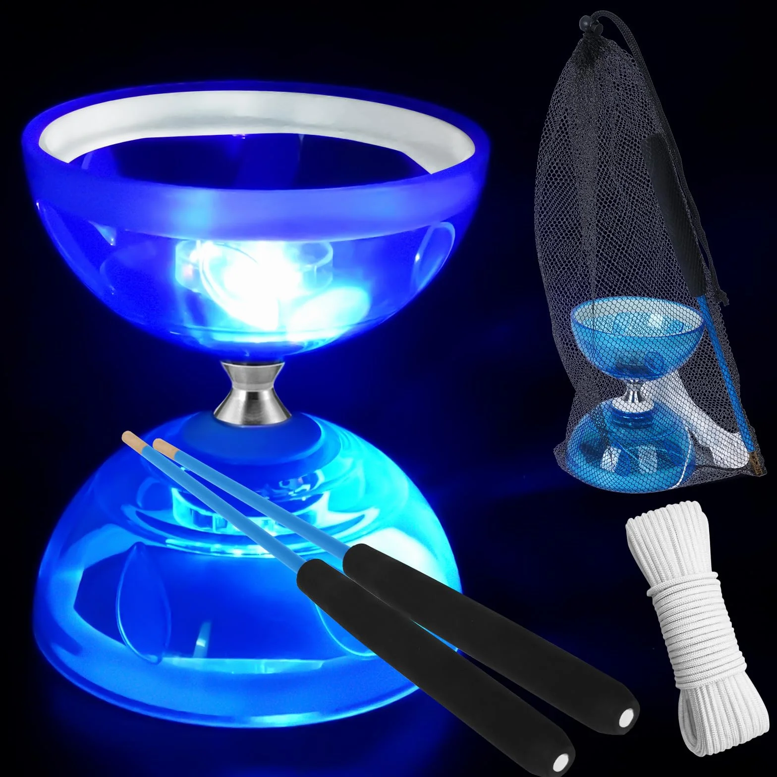 Diabolo LED con Cuscinetti a Sfera, 4,5 mm Carousel Diabolo Set Giocoleria Diabolo Luminoso al Buio Gioco a Ruota Libera per Bambini Adulti Principianti per Gli Sport all'Aria Aperta Interni