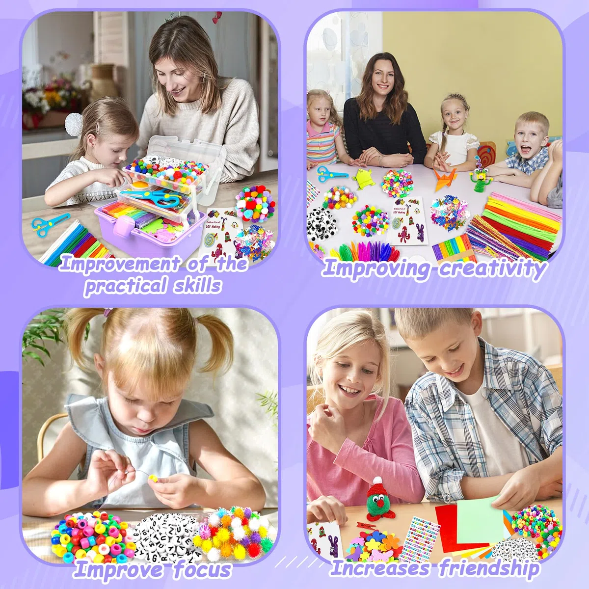 BNUZEIYI 3000Pcs Kit Lavoretti Creativi per Bambini Scatola Lavoretti Bambini a 3 Strati con Scovolini Colorati DIY Art Craft Fai da Te Giocattoli Regalo per Ragazze e Ragazzi 4-6, 6-8, 8-12, Viola