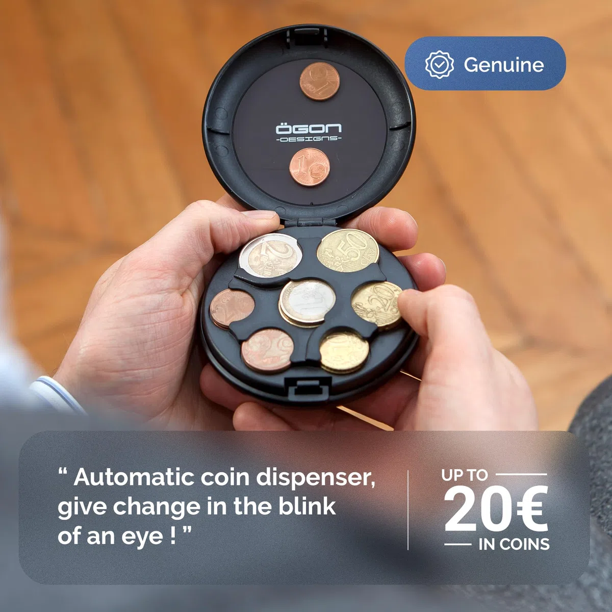 Portamonete in alluminio, capacità fino a 20 € in monete, 5 monete per scomparto, modello Coin Dispenser