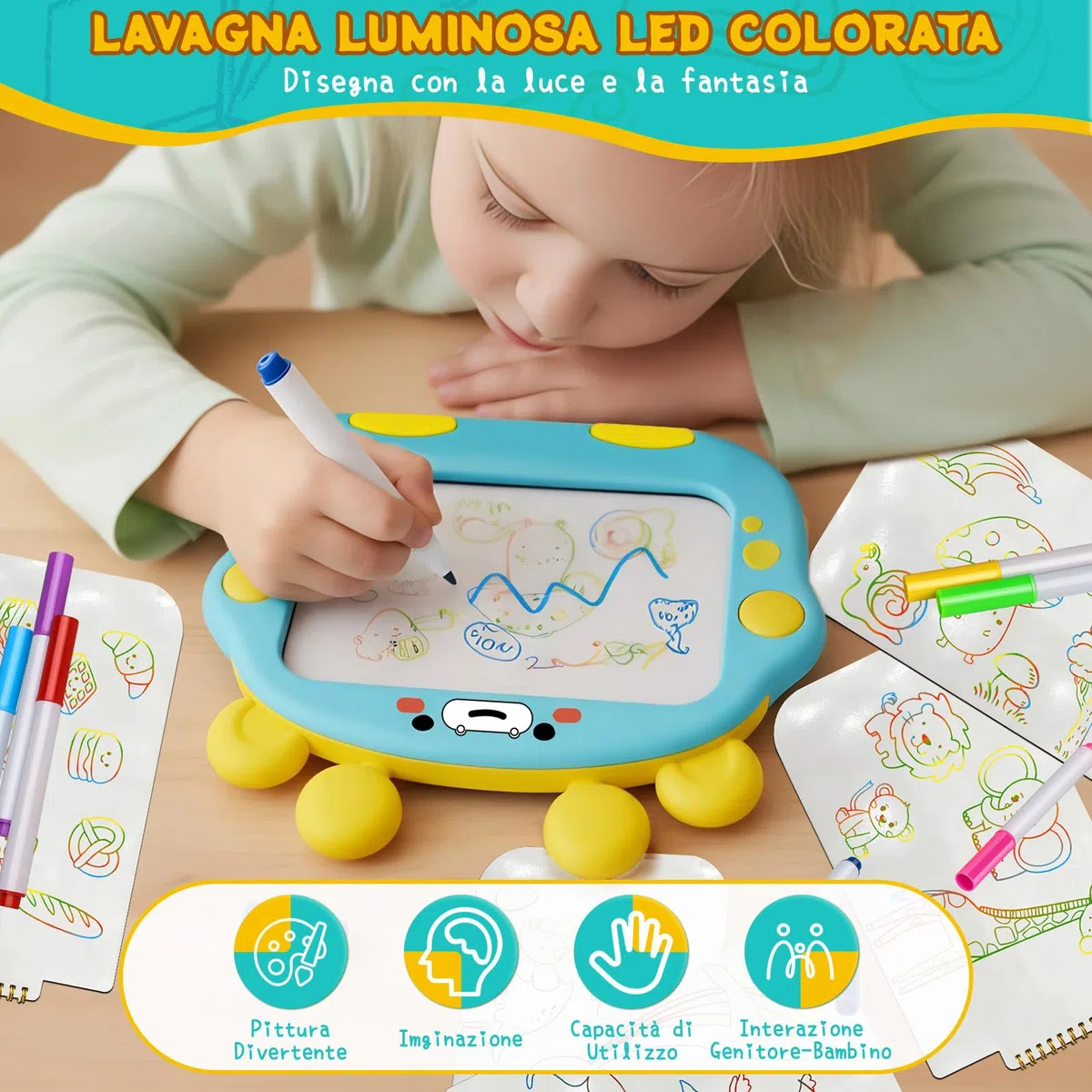 Lavagna Led per Disegnare Bambini, Lavagna Luminosa per Disegnare con 8 Penne Colorate e 8 Modalità di Illuminazione, Lavagnetta Cancellabile Bambini per 3-8 Anni Ragazzi Ragazze