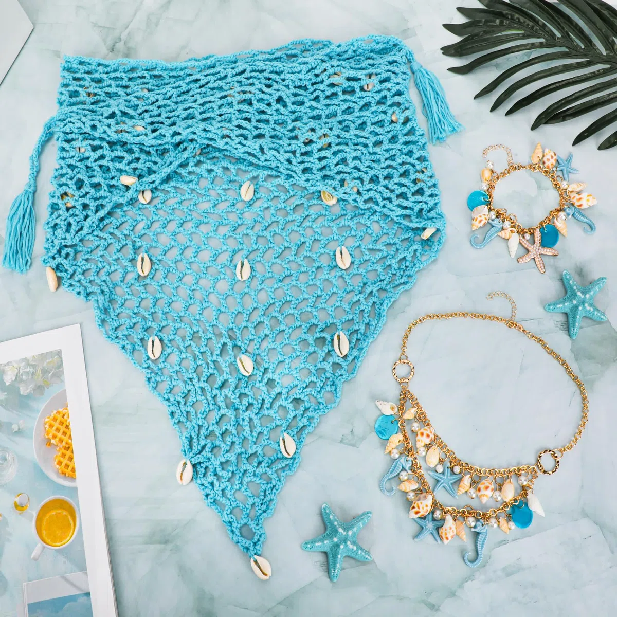 XEPST 5 pz Sirena Costume per le Donne - Sirena Costume Sirena Accessori Set con Sirena Crochet Gonna Cover Up Scialle Starfish Clip di capelli Shell Gioielli per costumi di Halloween Carnevale